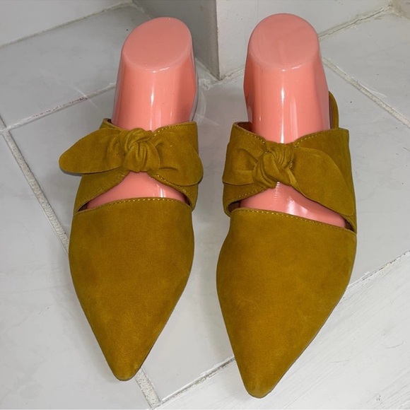 Jeffrey Campbell Genuine Leather Suede Gold Charlin Slide Slip On Bow Flats - Picture 5 of 11